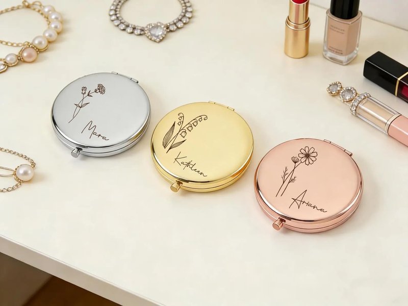 KeenlyMade Personalized Compact Travel Mirror with Birth Flower and Name, 2x/1x Magnifying Portable Mirror, Small Cosmetic Makeup Mirror Gift for Bridesmaid, Mother, Graduation, Nurse