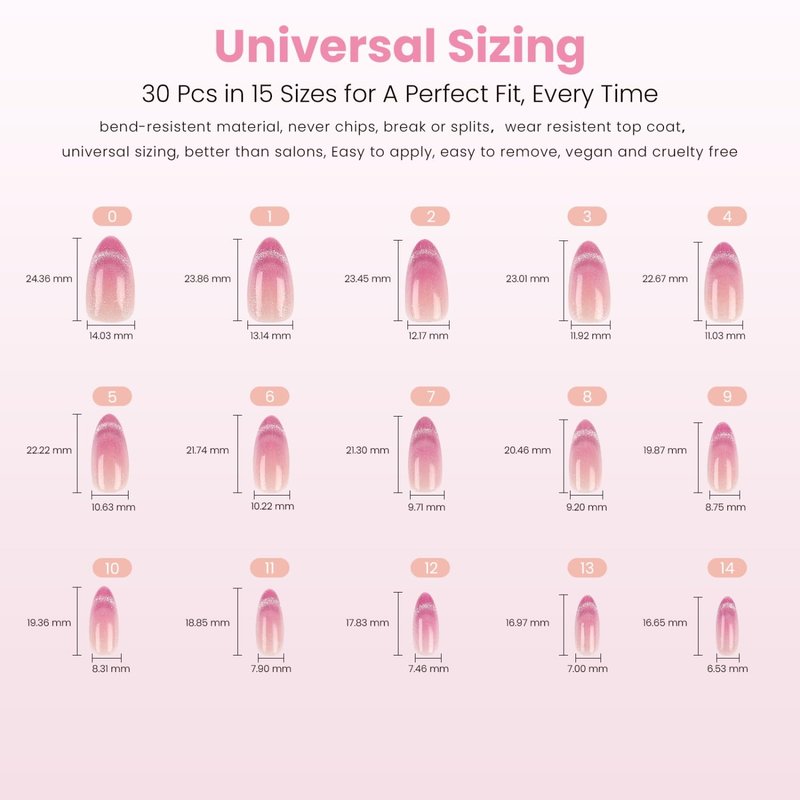 Nail Reformation Press On Nails, Rosewater | Ombre Pink Velvet Shimmer Medium Almond Fake Nails with Glossy Finish, Reusable Stick On False Nails Kit - 30 Pcs in 15 Sizes with Glue, Gifts for Women