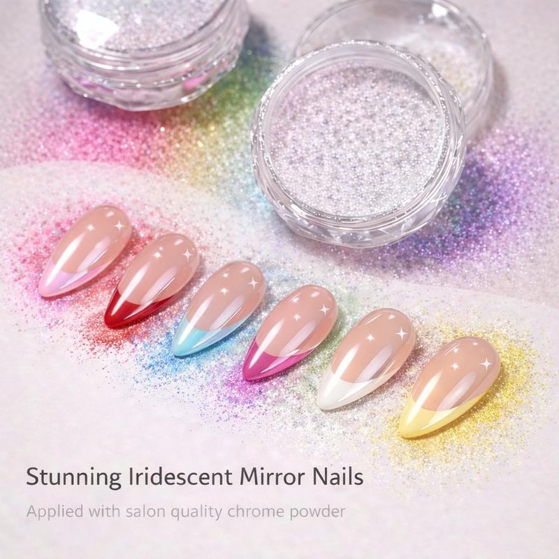 Press-On Nails - Chrome Black French Tip Short Almond | Shiny Soft Gel with Glazed Sparkle Finish, 30 Pcs
