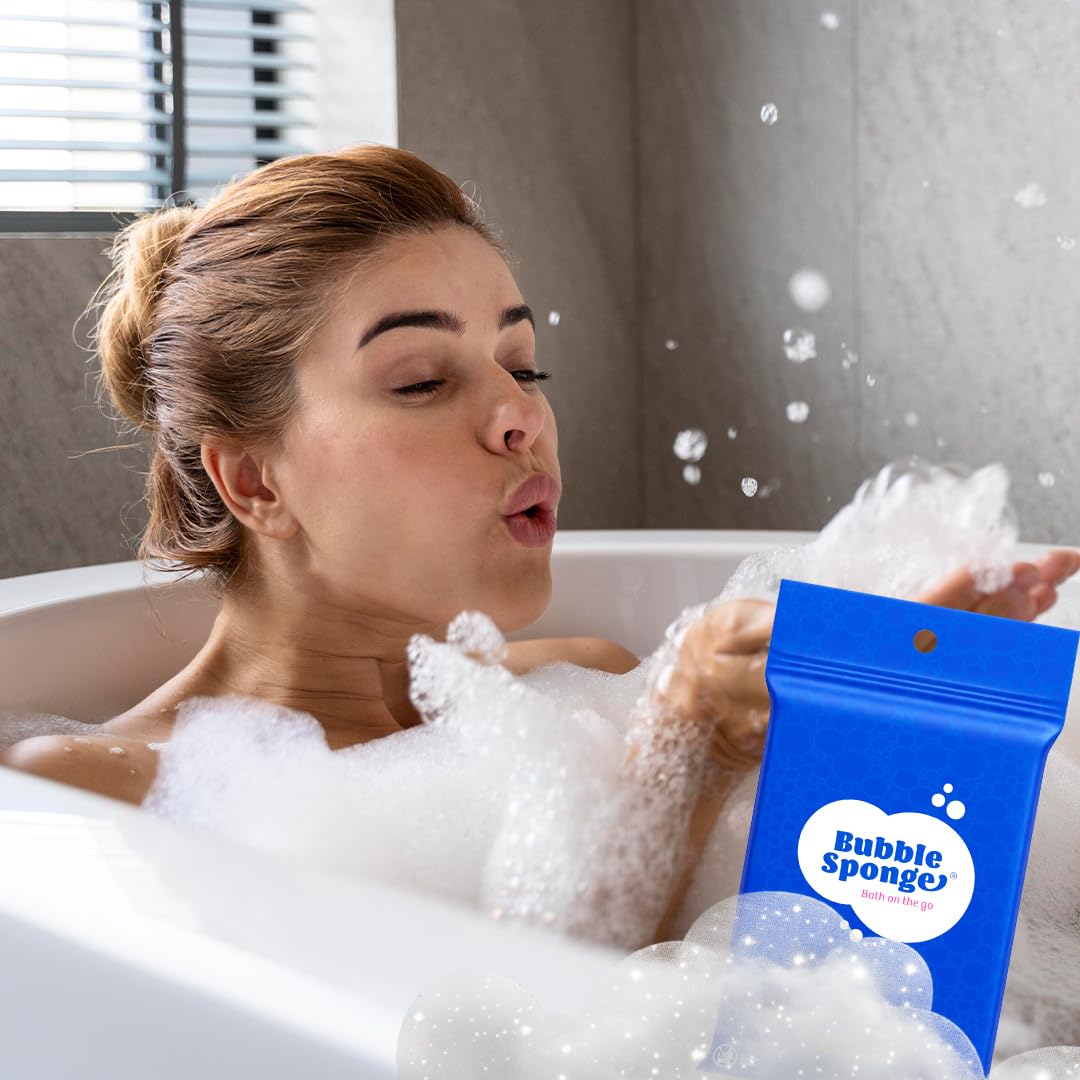 Bubble Sponge® Travel Sponge with Soap, 3-Ct. Disposable Compressed Bath Sponges Infused with Soap - Patent-Pending - No Rinse Shower Wipes - All-in-1 Single Use Bathing Sponges - Travel Essentials