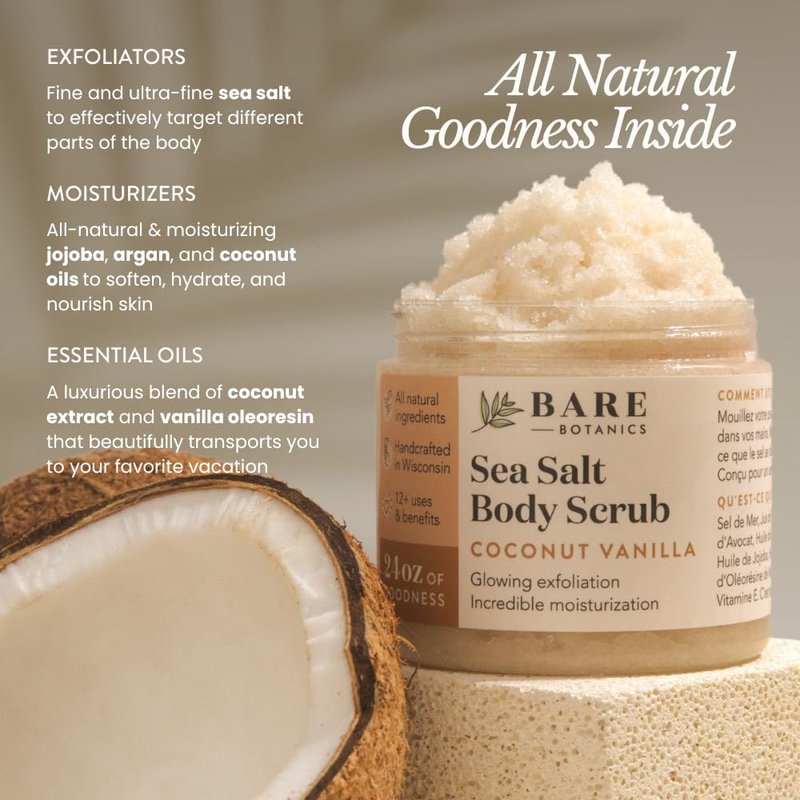 Bare Botanics Coconut Vanilla Body Scrub 24oz | Made in Madison, WI | All Natural Sea Salt Exfoliator w/ Skin Loving Moisturizers | Vegan & Cruelty Free | Gift Ready Packaging w/ a Cute Wooden Spoon