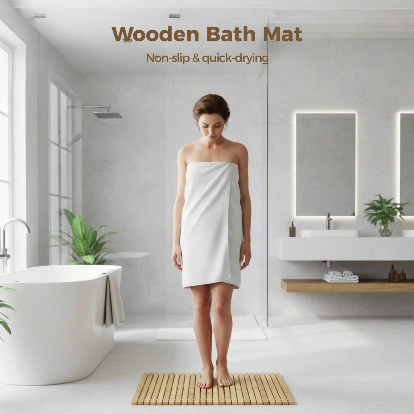 2 Pcs Bamboo Bath Mat, 23.6 x 15.7 in Hand Woven Wooden Shower Mat, Non-Slip Waterproof for Bathroom, Spa, Sauna, Outdoor Use