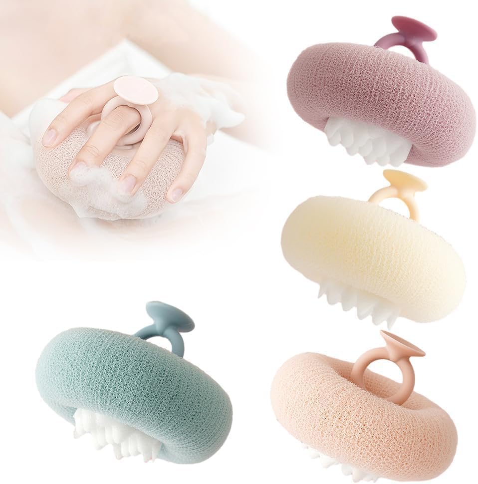Super Soft Sunflower Suction Cup Bath Ball, 2025 Upgraded Bath Sponge Cleaning Brush Exfoliating Bath Sponge Cleaning Brush, Multi-color Mesh Pouf Sponge Mesh Shower Ball for Women, Men Shower (4 Pcs)