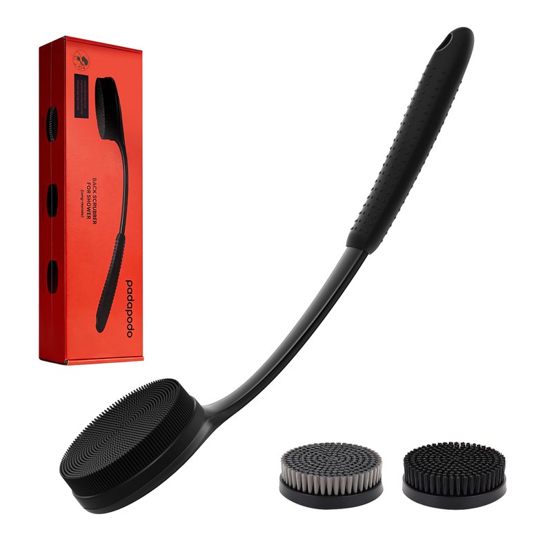 Long Handle Shower Back Scrubber,15.75 Inch Ergonomic Curved Brush with 3 Replaceable Heads with Soft and Firm Bristles,Silicone Handle for Easy Back Cleaning and Exfoliation,Bath Body Brush (Black)
