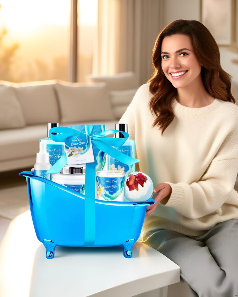 Father's Day Gifts for Women & Men Bath & Body Gift Set, Bath Basket Spa kit Gifts for Her Him Birthday Gift, Self-care Home Spa Kit, 8pcs Christmas Gift for Women Ocean Vanilla, Spa Gift Baskets