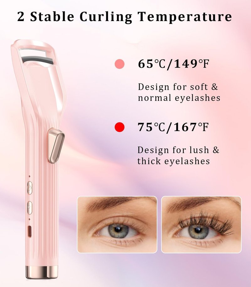 Heated Eyelash Curler - Fast Heating Rechargeable Electric Curler with 2 Heat Modes | Pink-HA, Anti-Burn Design