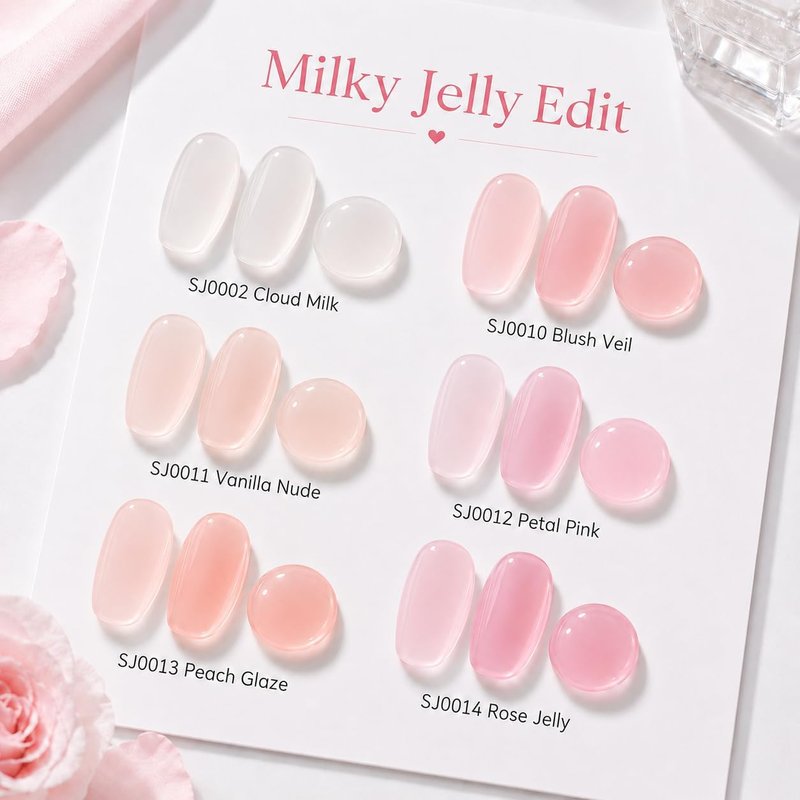 AZUREBEAUTY 6 Colors 15ml HEMA Free Jelly Purera Gel Nail Polish Set, Same Color Bottles, Soak Off UV LED Gel Polish Kit Nail Art for DIY at Home Manicure Salon Gifts, Milky White Pink Neutral Sheer