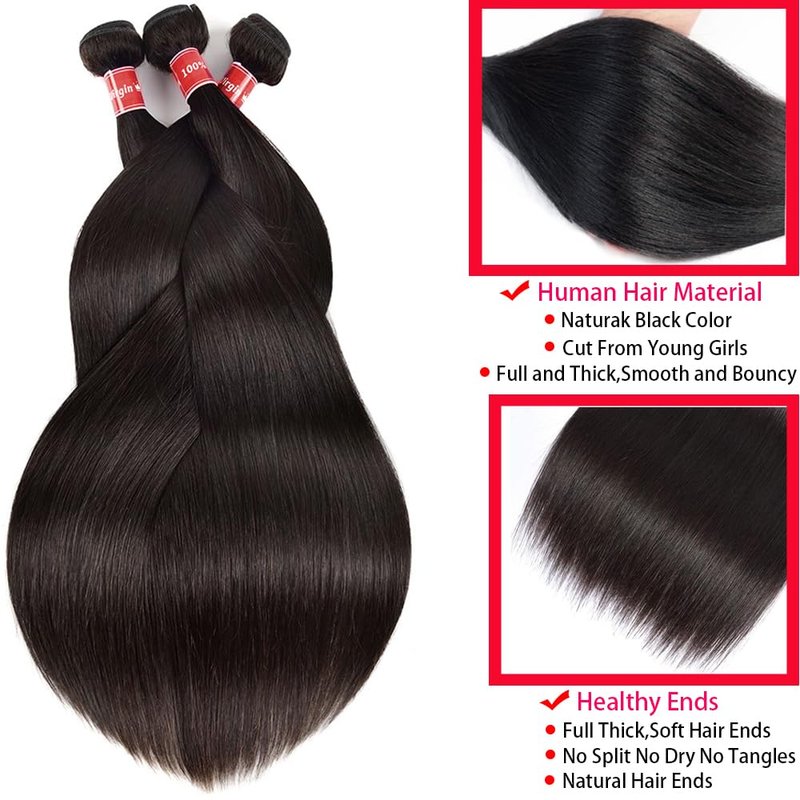 Oshiney Human Hair Bundles Straight 26-30 Inch 100% Unprocessed Brazilian Virgin Hair Weave 3 Bundles Silky Black Hair for Black Women