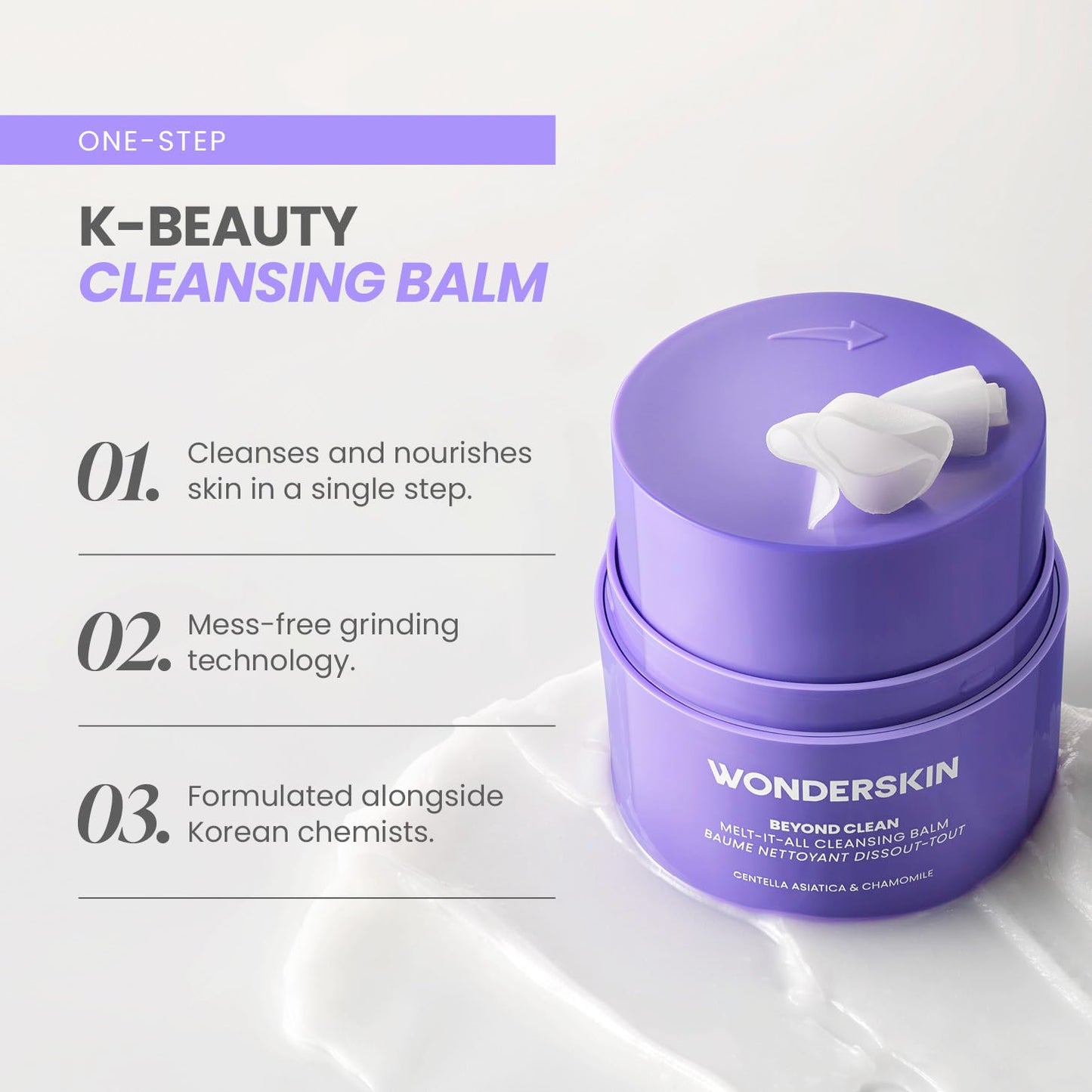 Wonderskin Cleansing Balm - Gentle Balm to Milk Makeup Remover | Hydrating Face Cleanser with Centella & Chamomile