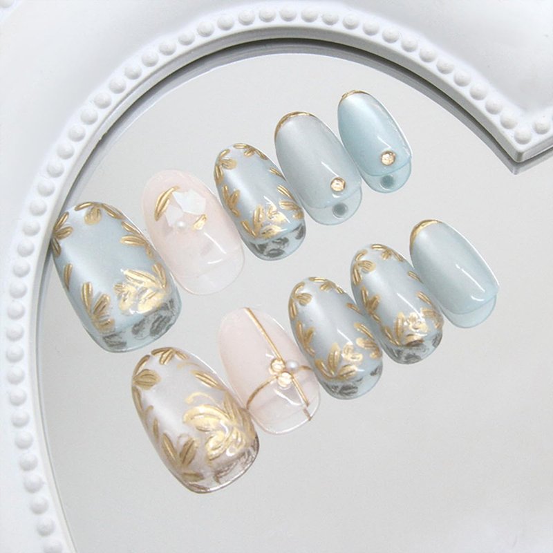 Flower Press-On Nails - 24 Pcs Short Almond Design with 3D Pearls & Gold Glitter | Spring/Summer Full Cover