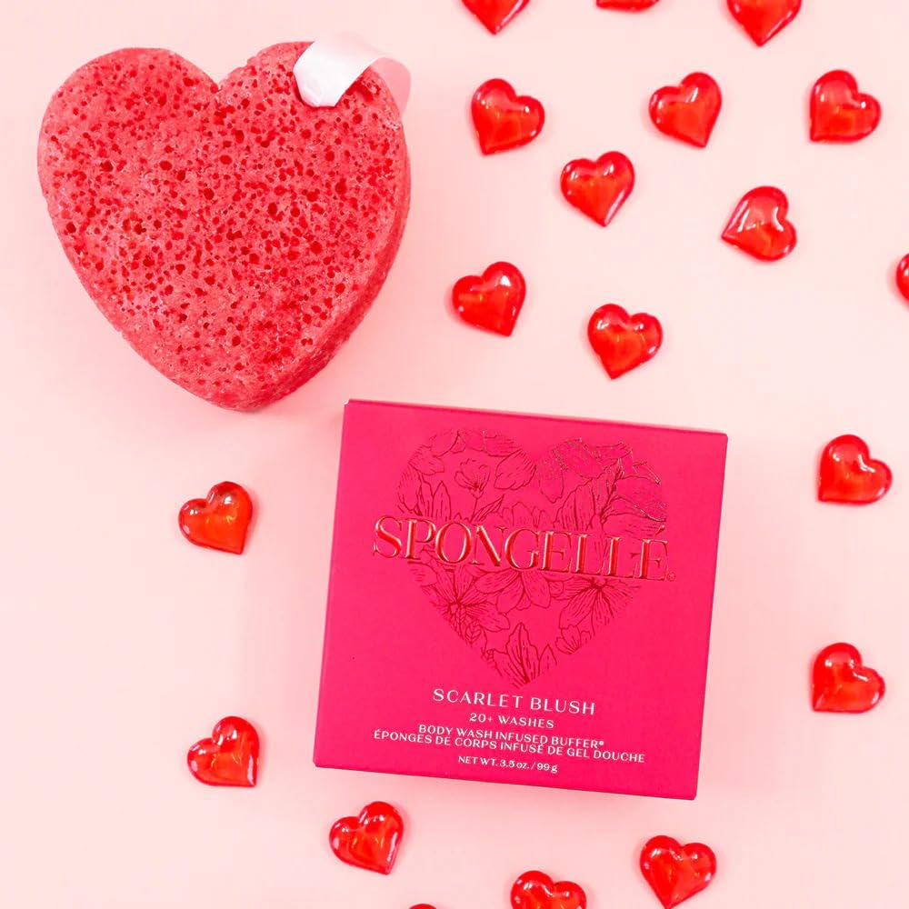 SPONGELLÉ Scarlet Blush Heart Buffer – All-in-One Exfoliating Sponge & Body Wash for Valentine's & Mother's Day Gifts