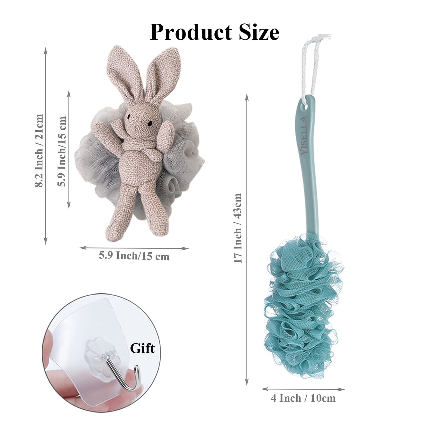 Yisella Bath Brush Long Handle Back Washer for Shower + Gray Luffa Bath Sponge