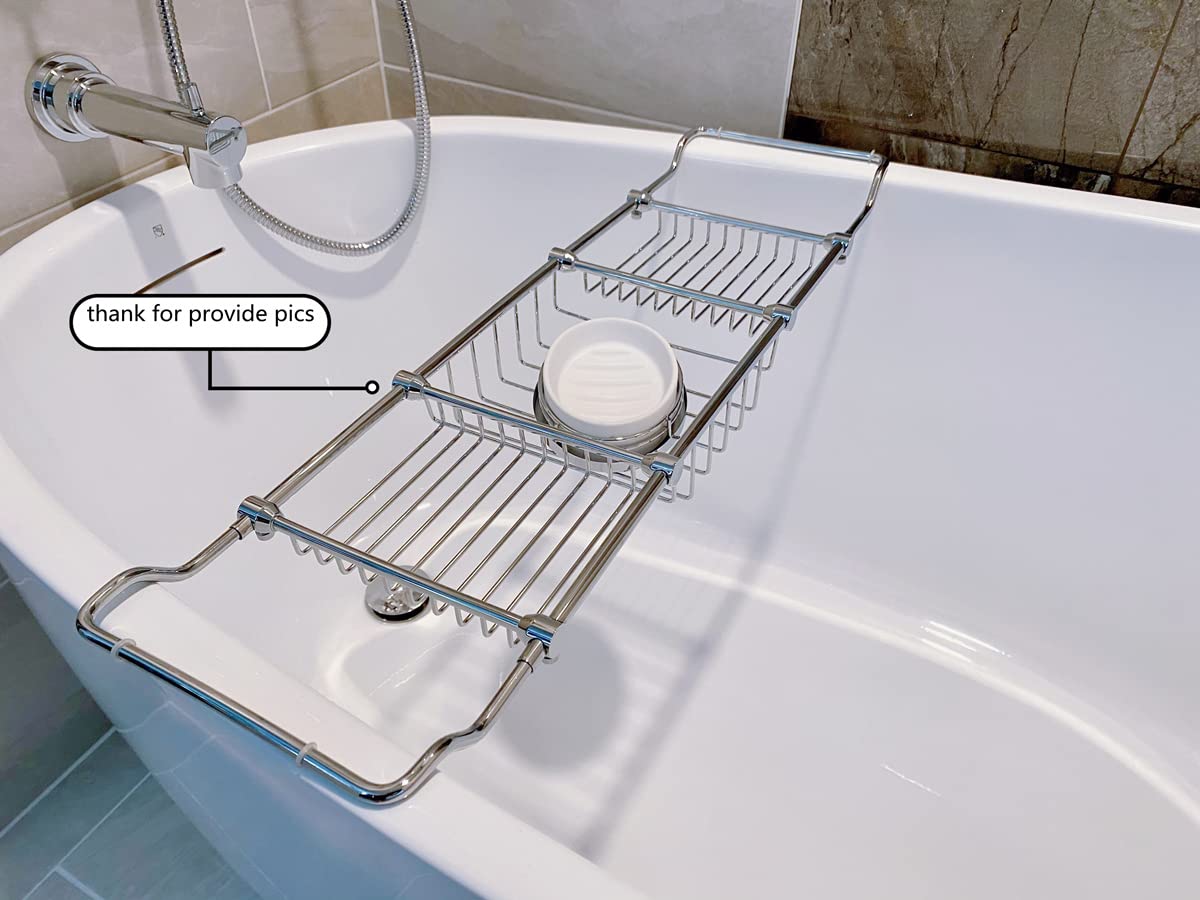 Magionline Brass Expandable Bathtub Caddy Over Tub Rack with Chrome Polished Finish for Elegant Bath Storage