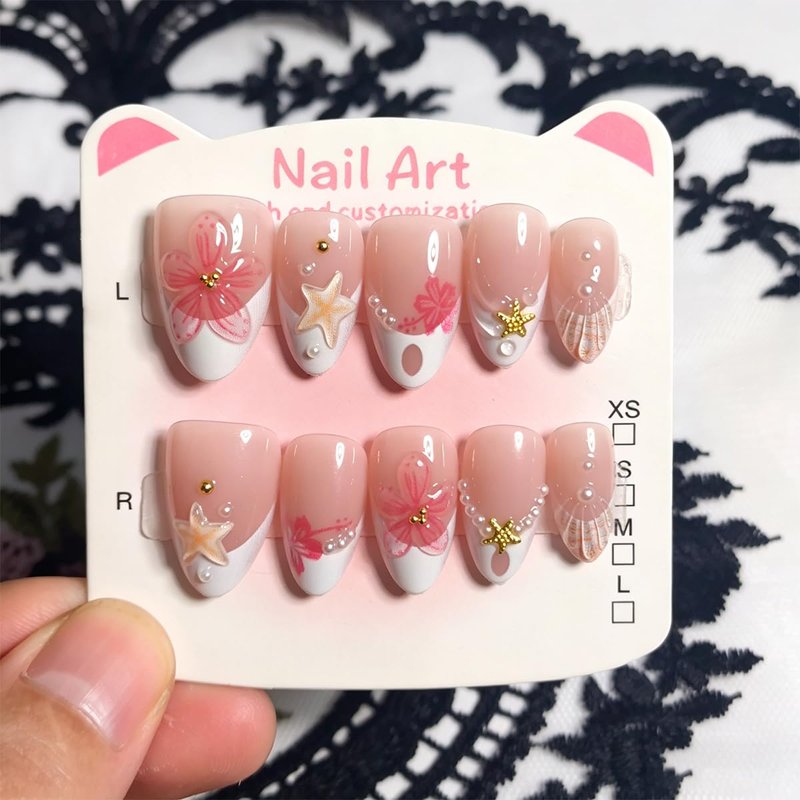 30Pcs Summer Beach Short Almond Press On Nails Pink Floral Starfish French Tips Fake Nails with 3D Flower & Pearl Decor Cute Handmade Acrylic Nails Glossy Reusable False Nails for Women Vacation Nail