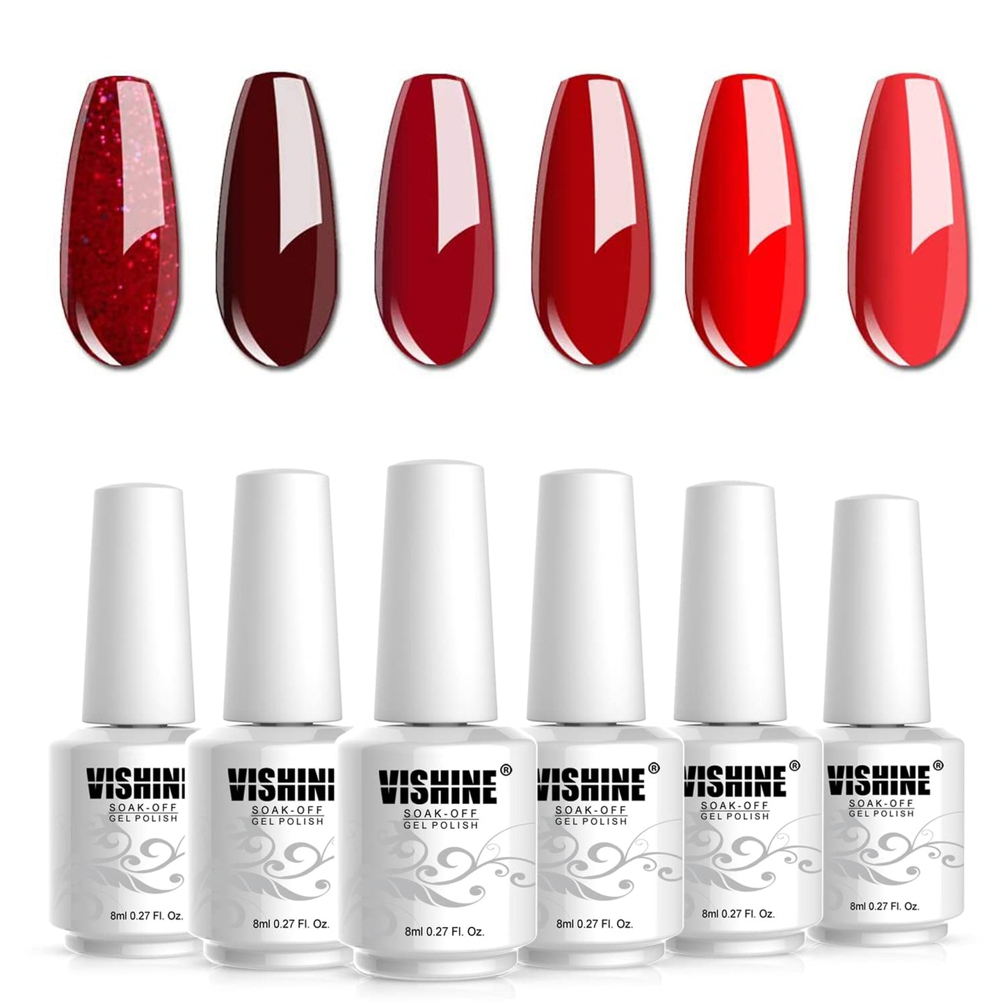Vishine Glamour Red Gel Nail Polish Kit - 6 Soak Off Colors | 8ML Bottles for Stunning Manicures