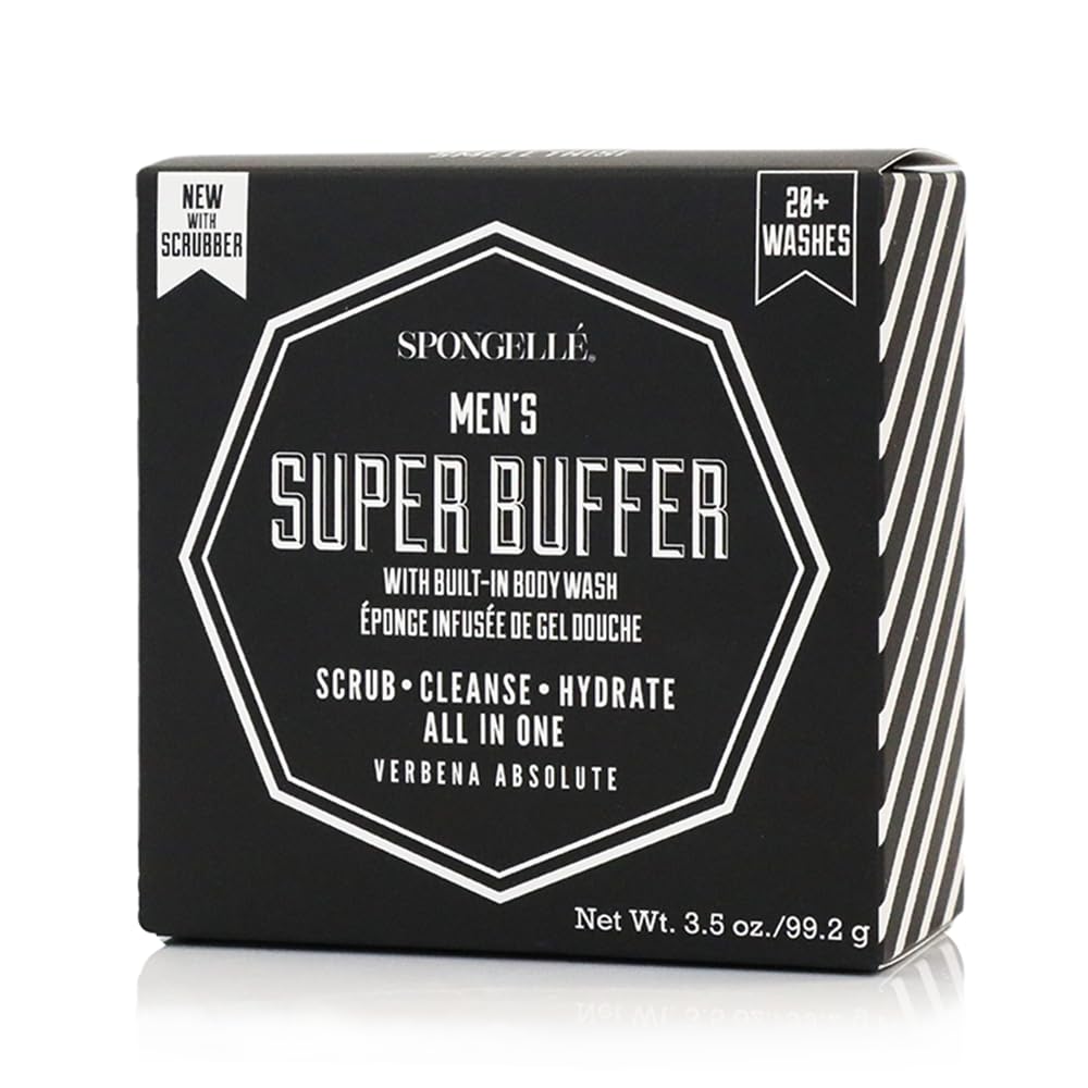 Spongellé Men's Super Buffer, Verbena Absolute | 20+ Washes | Body Wash Infused Exfoliating Body Scrubber | Loofah Sponge For Men | Cruelty-Free, Vegan, Dermatologist-Tested, Made in USA