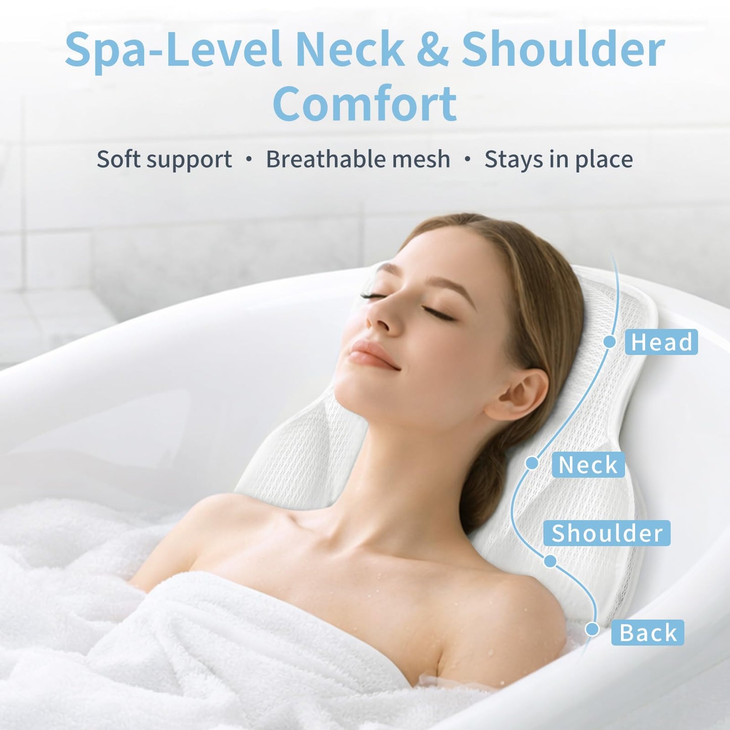 Wnfou Thickened Anti-Slip Bath Pillow for Tub, 88 Powerful Suction Cups, 5D Mesh Fabric, Ergonomic Head Neck Back Support, Quick Drying and Machine Washable, Luxury Spa Gift for Women