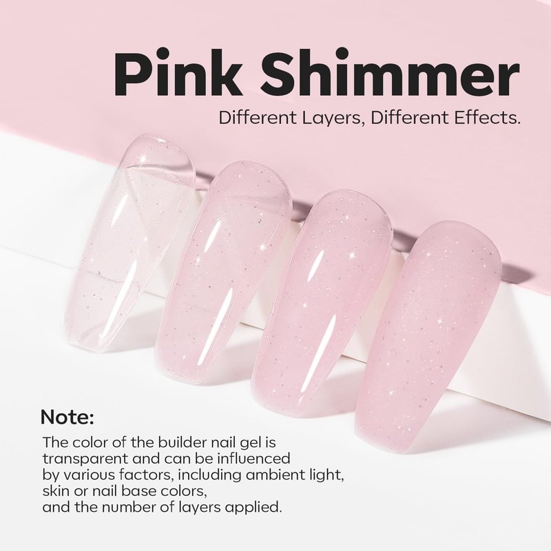 modelones Builder Nail Gel, 8-in-One Nude Pink Shimmer Builder, Glitter Sparkle Rainbow Nail Gel Polish, Jelly Pink Iridescent LED Lamp Cured Hard Rubber Color Base for Home DIY Salon Girls