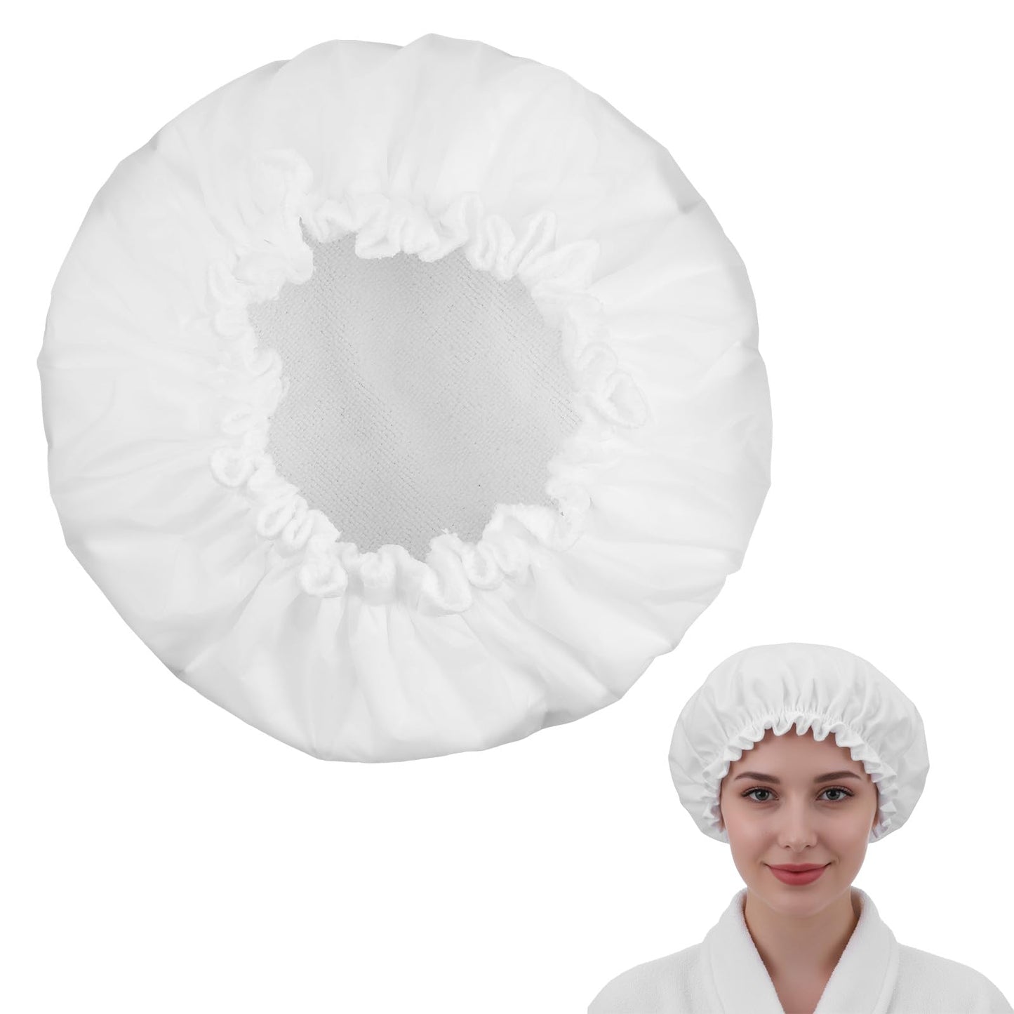 Reusable Shower Caps for Women Waterproof Double Layer Bath Cap Terry Lined Shower Cap with Elastic Large Bath Hair Caps for All Hair Lengths for Women Spa Home Salon Use(White)