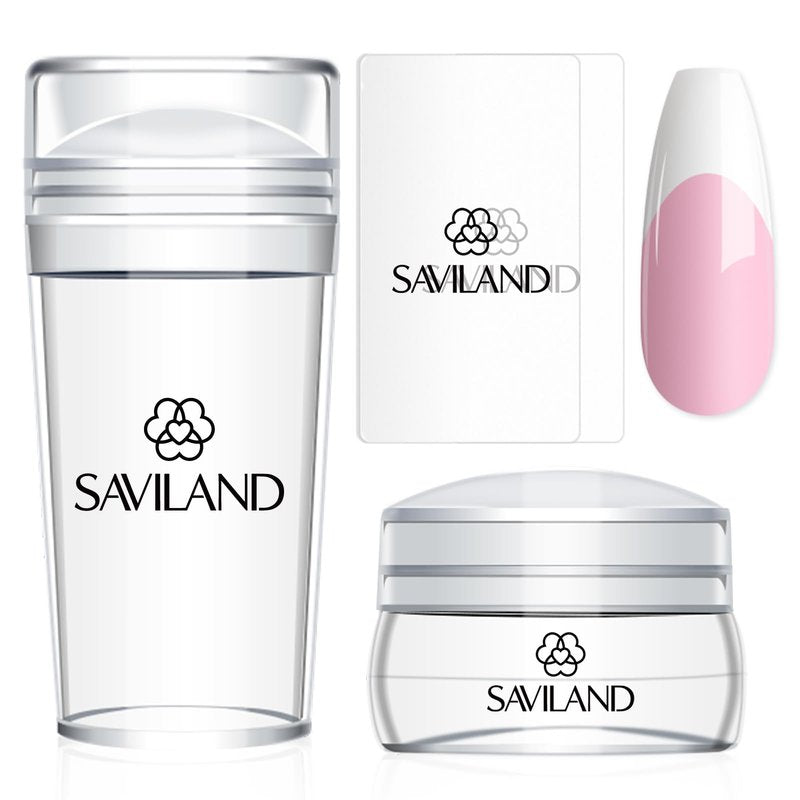 Saviland French Tip Nail Stamper Kit - 18PCS Clear Silicone Nail Stamping Set, Blue+Pink Radium Long & Short Stamper with Scrapers for French Manicure