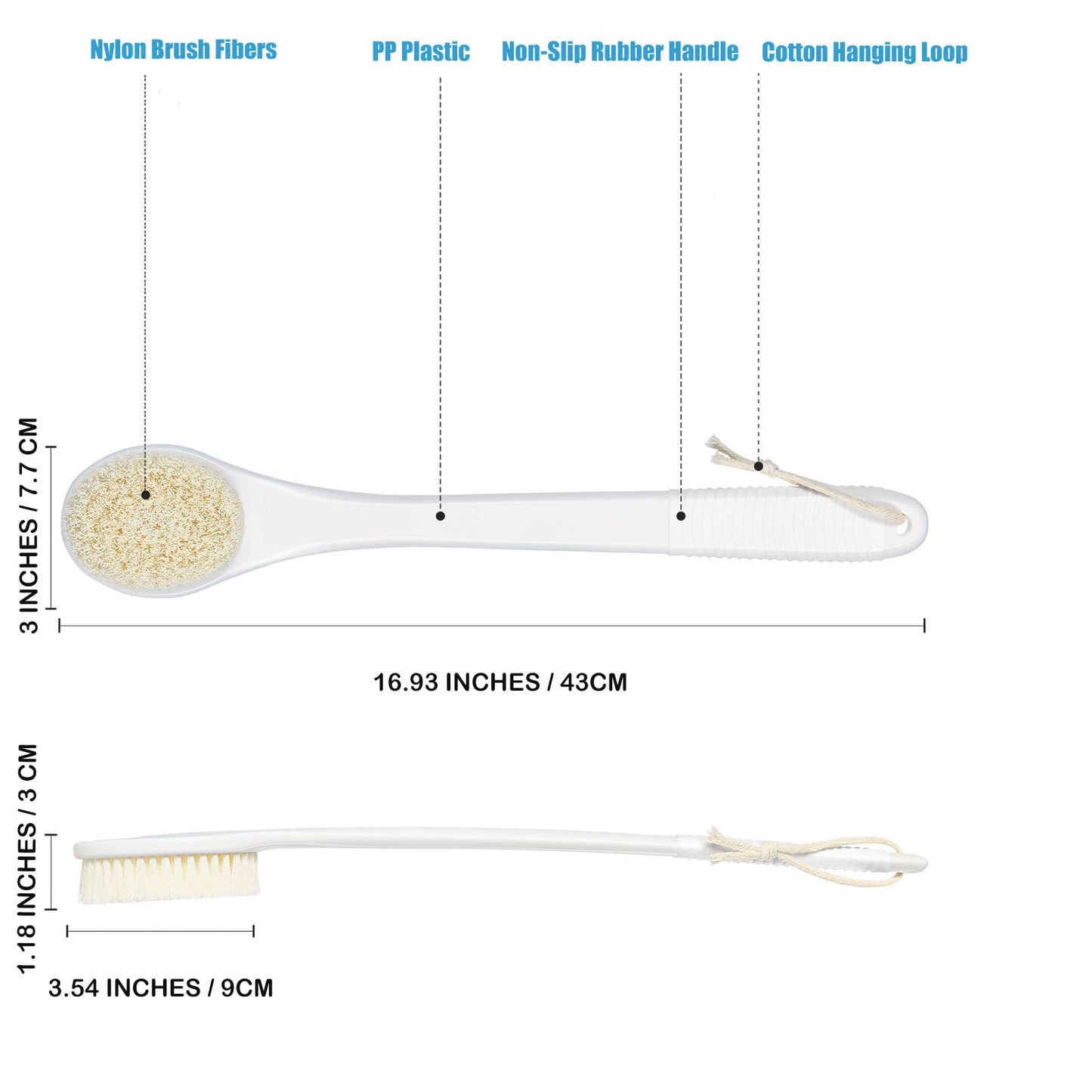 ROLIZOE 17-Inch Back Scrubber for Shower, Anti-Slip Exfoliating Body Brush for Bath, Gentle Back Brush for Shower for Men, and Women, Cleaning Skin for Smooth, Glowing Skin (White)