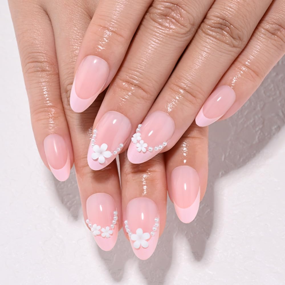 XZMeiLun Summer Pink French Tip Press On Nails, Short Almond Shape with 3D Pearl & White Flower Design, Reusable Salon-Quality Acrylic Fake Nails, Stick-On Nails for Women & Girls (No Glue Included)