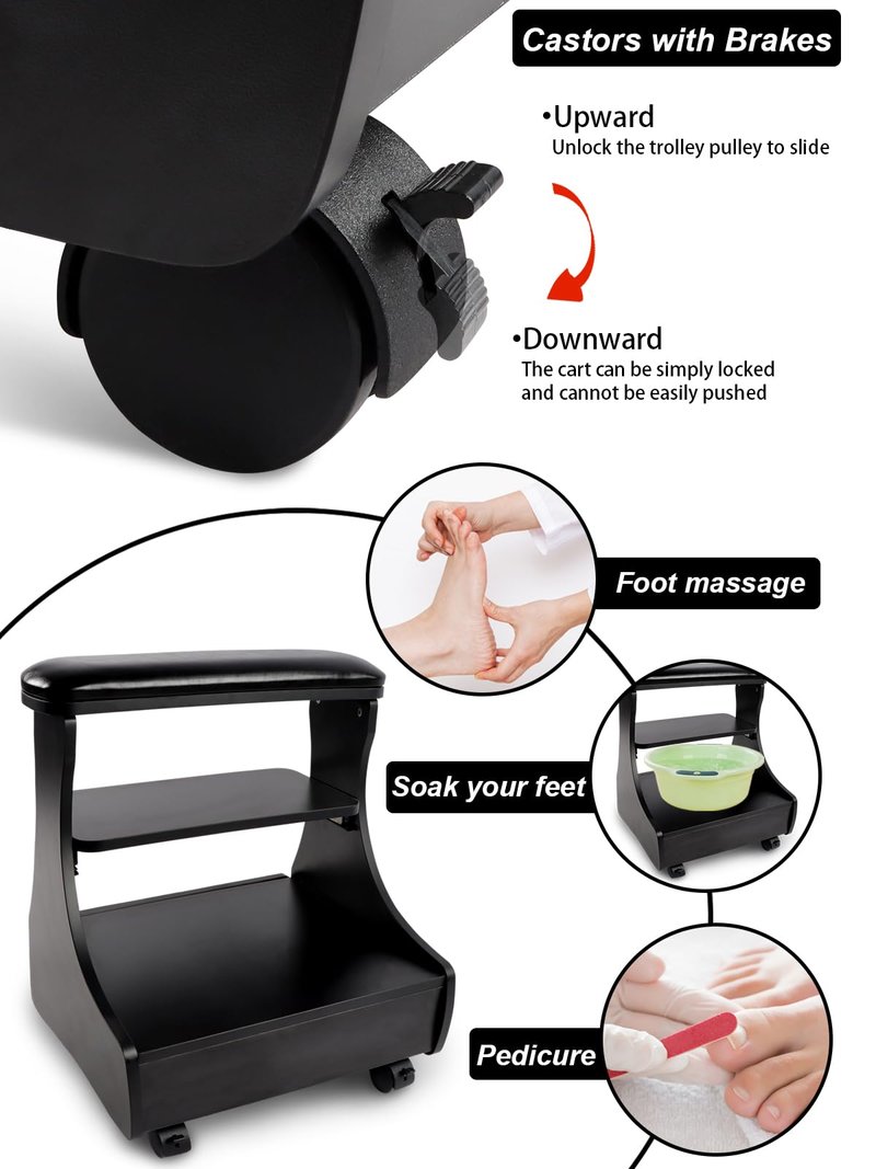 Kalolary Pedicure Foot Rest, Manicure Foot Rest with Wheels PU Leather Home Beauty Footrest Pedicure Foot Stool Stand for Home Salon Use(Black)