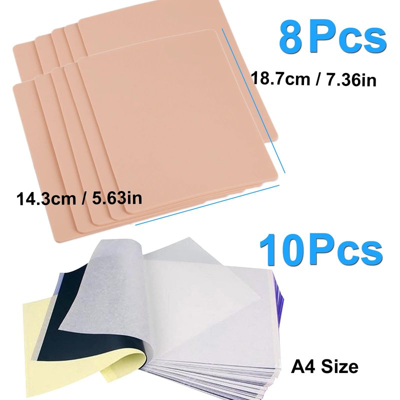 MIUXIA 18Pcs 3MM Tattoo Skin Practice Kit Includes 8Pcs Fake Skin and 10Pcs Tracing Paper Double Sided Thick Skin Tattoo Stencil Paper Supplies Kit