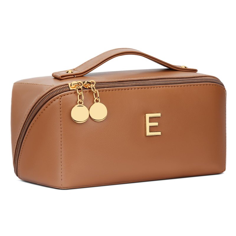 CLOUDWINGS Initial Makeup Bag Gifts for Women Bridesmaid Gifts Travel Toiletry Personalized PU Leather Waterproof Cosmetic Bag (Large-Brown-E)