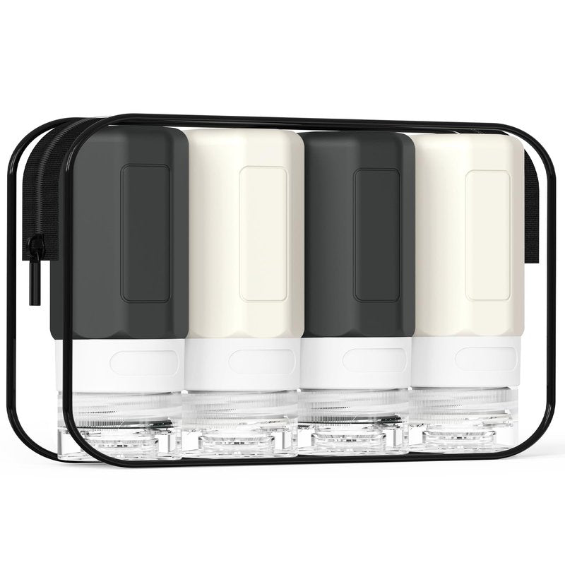 Ruinovate 2 oz Travel Bottles, Small Size Containers, TSA Approved Silicone Travel Toiletries Bottles, Shampoo and Conditioner Kit for Women (Black-white)