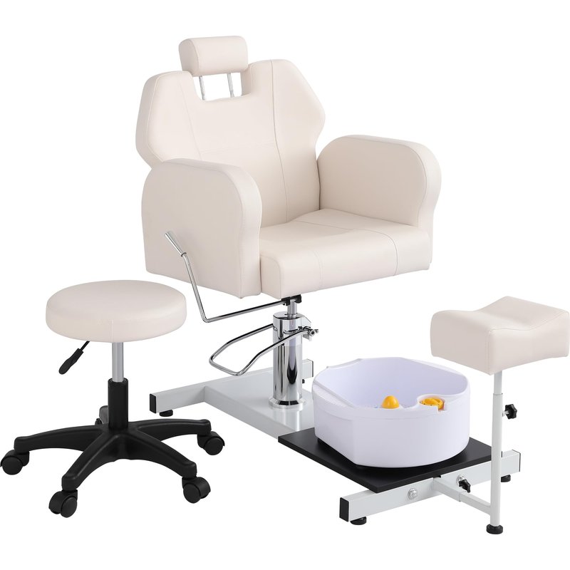 KIGOTY Pedicure Chair No Plumbing for Nail Tech, 360° Swivel Nail Tech Pedicure Chair for Salon with Massage Bath Bowl & Footrest, Height Adjustable Reclining Foot Station Unit, Foot Spa Chairs, White