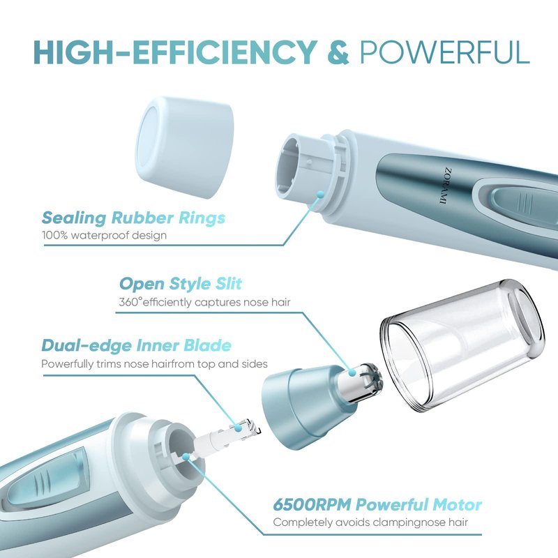 Ear and Nose Hair Trimmer Clipper - 2026 Professional Painless Eyebrow & Facial Hair Trimmer for Men Women, Battery-Operated Trimmer with IPX7 Waterproof, Dual Edge Blades for Easy Cleansing Blue