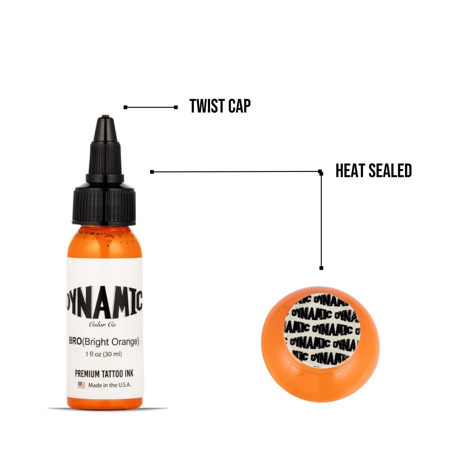 Dynamic Color Co. - Bright Orange Color Tattoo Ink, Long Lasting Vivid Color, Sterilized, Made in USA, Since 1990 (1 oz Bottle)