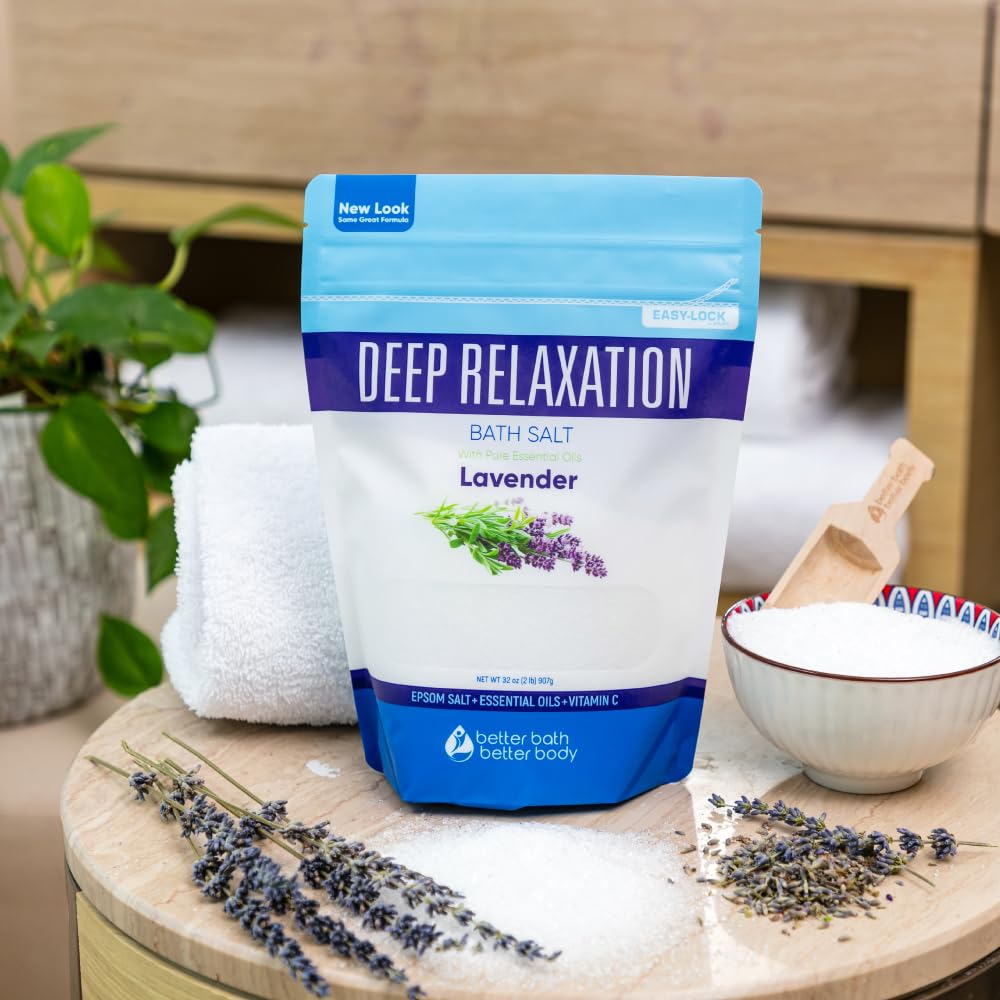Deep Relaxation Bath Salt 128 Ounces Epsom Salt with Natural Lavender Essential Oil Plus Vitamin C in BPA Free Pouch