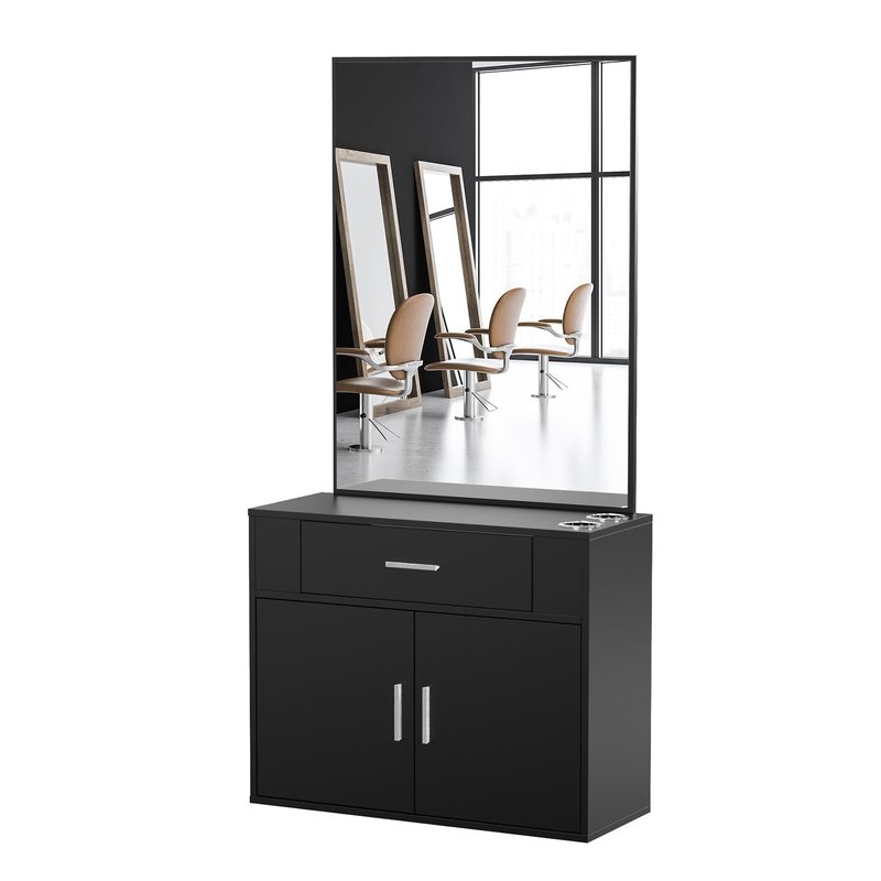 OmySalon Wall Mount Salon Station with Mirror, Hair Styling Barber Station, Beauty Salon Spa Equipment with 1 Drawer, 1 Storage Cabinet, 2 Hair Dryer Holders, Black