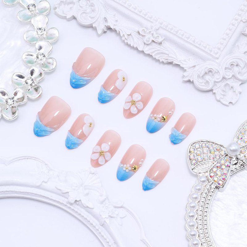 30Pcs Blue French Tip Press on Nails Short Almond Fake Nails with 3D Flower & Gold Rhinestones Design Nude Pink False Nail Full Cover Artificial Reusable Acrylic Nails Handmade Stick on Nail for Women
