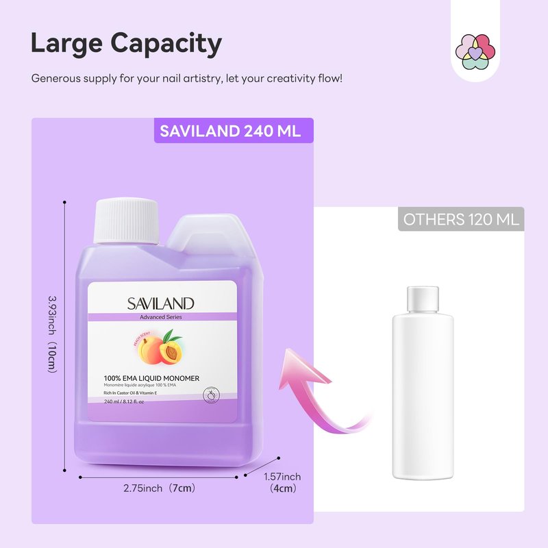 SAVILAND Pure EMA Monomer Acrylic Nail Liquid: Peach Scent Acrylic Liquid Nail Monomer Non-Yellowing Monomer For Acrylics Powder Nail Art 240 ml