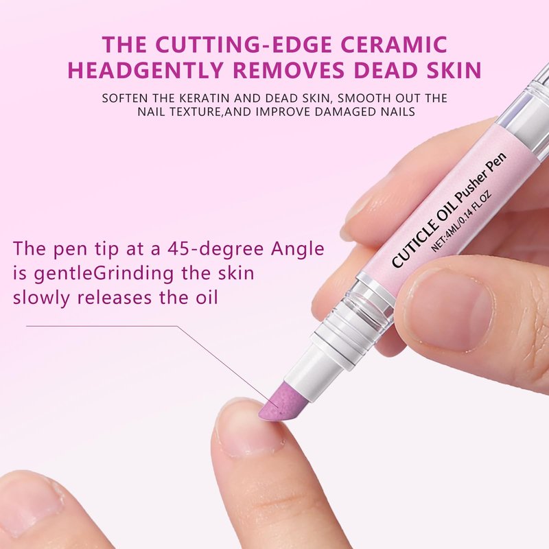 Ceramic Cuticle Oil Pusher Pen - 4-in-1 Cuticle Remover Pen for Nails with Micro-Dosin Oil - Nail Care Buffer Pens for Dry Damaged Nails Hangnails Moisturiz Polish Brighten (1PCS)