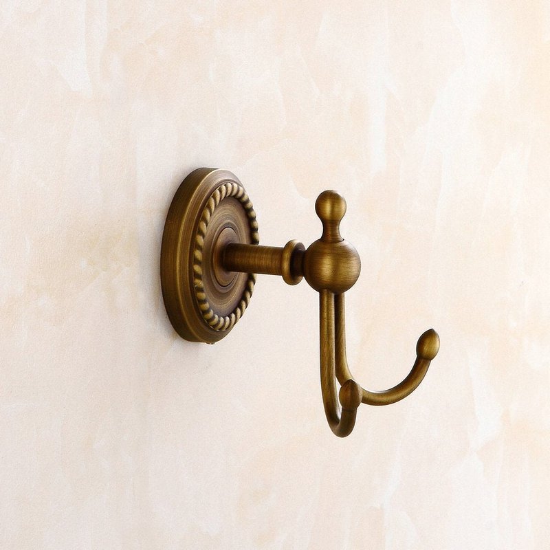 Kelelife Antique Brass Towel Hook, Screw-Mounted Shower Wall Hook, Wall-Mounted Bathroom Hook for Hanging Clothes & Robes, Vintage Brass Twist Series Long-Handle Double Hook