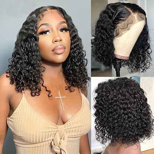 12 inch Water Wave Human Hair Deep Curly Short Bob Lace Front Wigs 13x4 Transparent Lace Frontal Wigs for Black Women Glueless Wet and Wavy Lace Front Wigs Human Hair