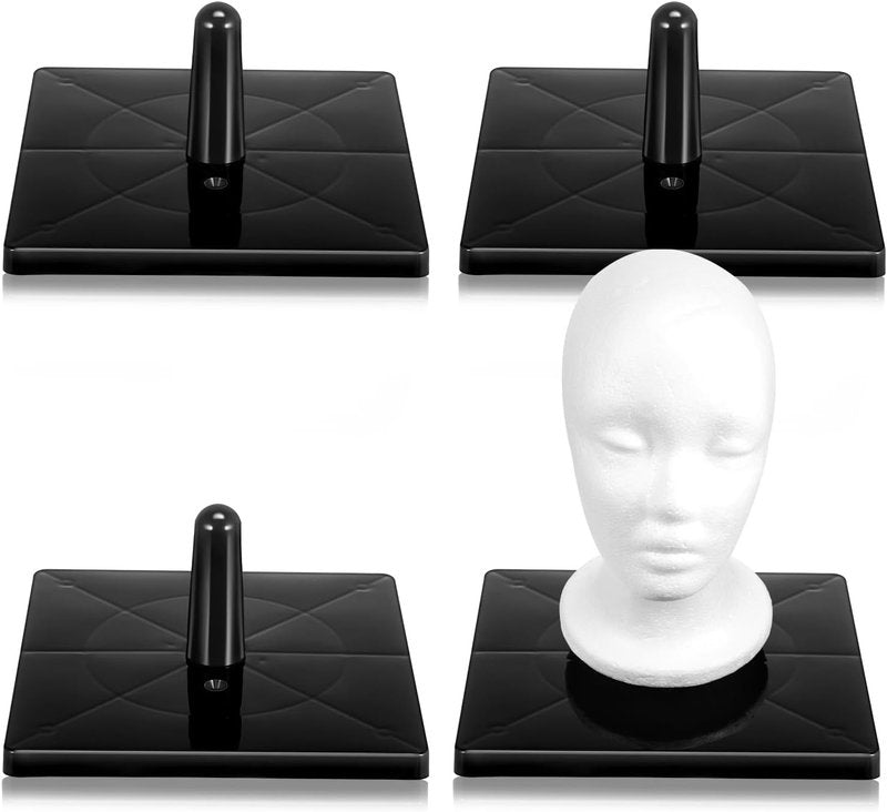 AceOrbit Foam Mannequin Wig Head Stands - Non-Tip Styling Holder for Tabletop Display | Black Plastic (4 Pcs)