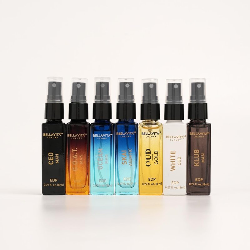 Bellavita Luxury Men's Perfume Discovery Gift Set with CEO Man, G.O.A.T., OCEAN, Skai, Gold Oud, White Oud, and Klub | 56ml | Perfume for Men | Woody, Citrus, Fresh, Oriental Scent Profile
