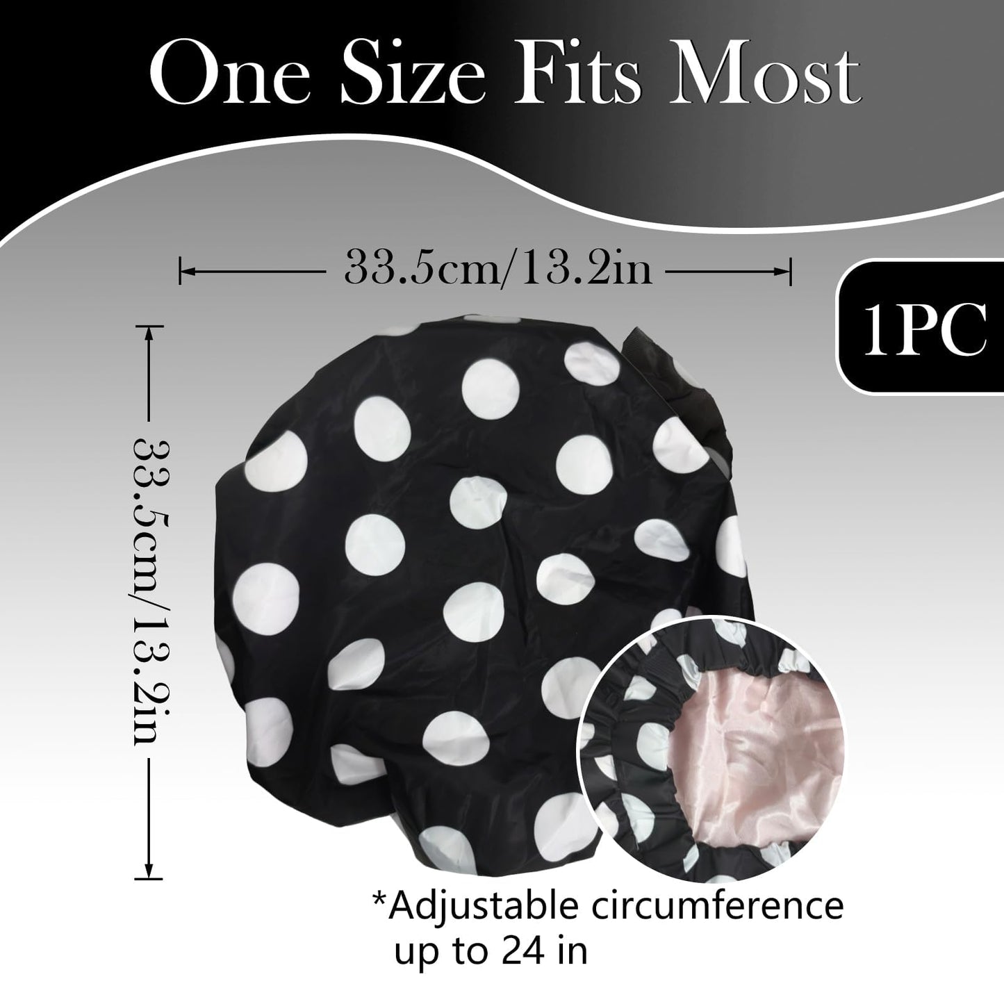 Fistmta Luxury Shower Caps for Women Reusable Waterproof, Large Double Layer Quick-dry Bathing Hair Cap with Adjustable Elastic Strap, Non-slip Shower Cap for Long Short Hair Black Polka Dots