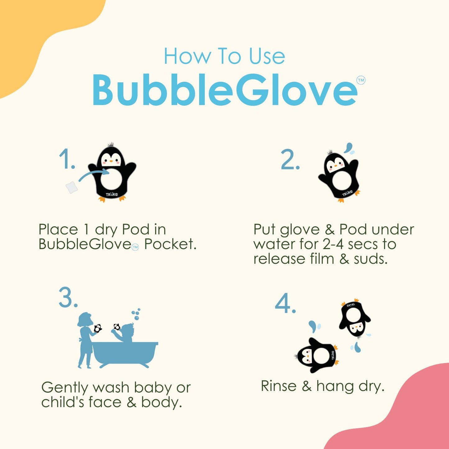 TruKid BubbleGlove, Bath Wash Gloves-Sponge - Hand Puppet for Kids & Toddler, Bath Sponge & Baby Washcloth Mitt for Kids & Adults, Body Scrubber for Mommy & Me - Penguin Set of 2