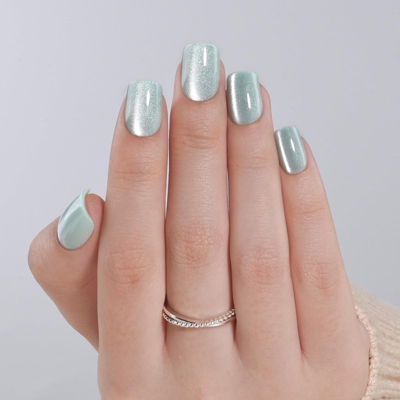 Green Cat Eye Press On Nails Square - Green Short Square Fake Nails, Cateye Press On Nails Reusable Stick On Nails in 15 Sizes 30pcs False Nail Kit for Women & Girls (Mint Stardust)