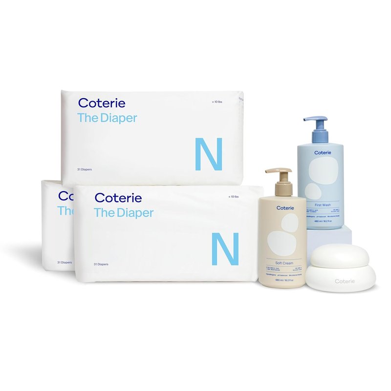 Coterie Newborn Diapers (93 Count) & Skincare Essentials Set - Hypoallergenic Shampoo, Lotion & Balm for Sensitive Skin