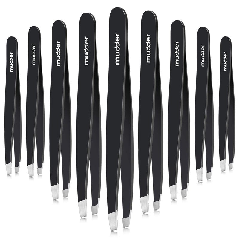 Mudder 12 Pcs Eyebrow Tweezers Set for Facial Hair Stainless Steel Slanted Tip Tweezers in Bulk for Men and Women(Black)