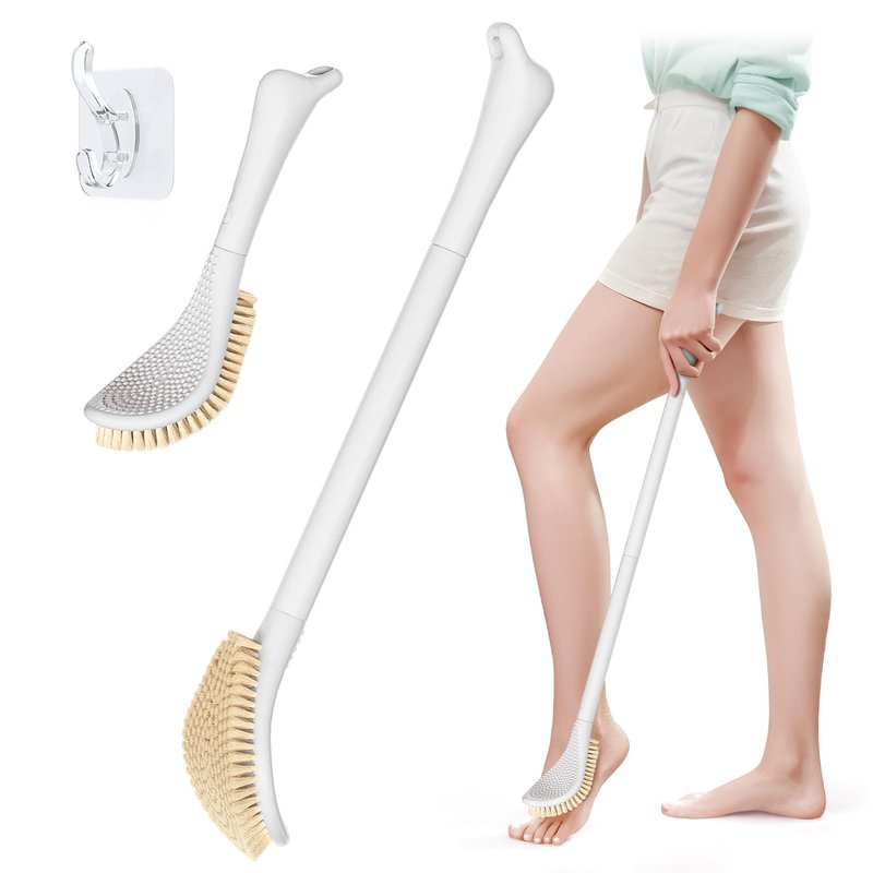 GEENOA New Foot Brush with Adjustable Long Handle, 3-in-1 Foot Scrubber for Wet or Dry Brushing, 10.2’’- 27.5’’ Foot Scrub Brush for Senior, Pregnant, Disabled, or Injured, Gift-Box Packed(White)