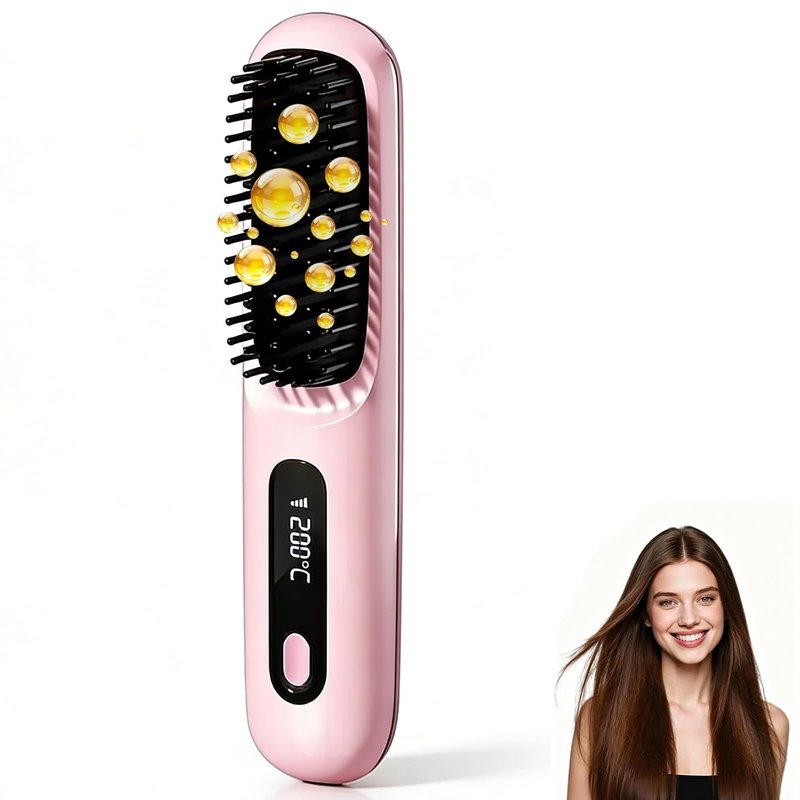 Go Brush Pro Cordless Straightening Comb, Mini Portable Heated Smoothing Comb, Quick-Heating Hot Air Comb, 3 Temperature Settings, USB-C Charging, Travel Hair Styling Tool (Pink)