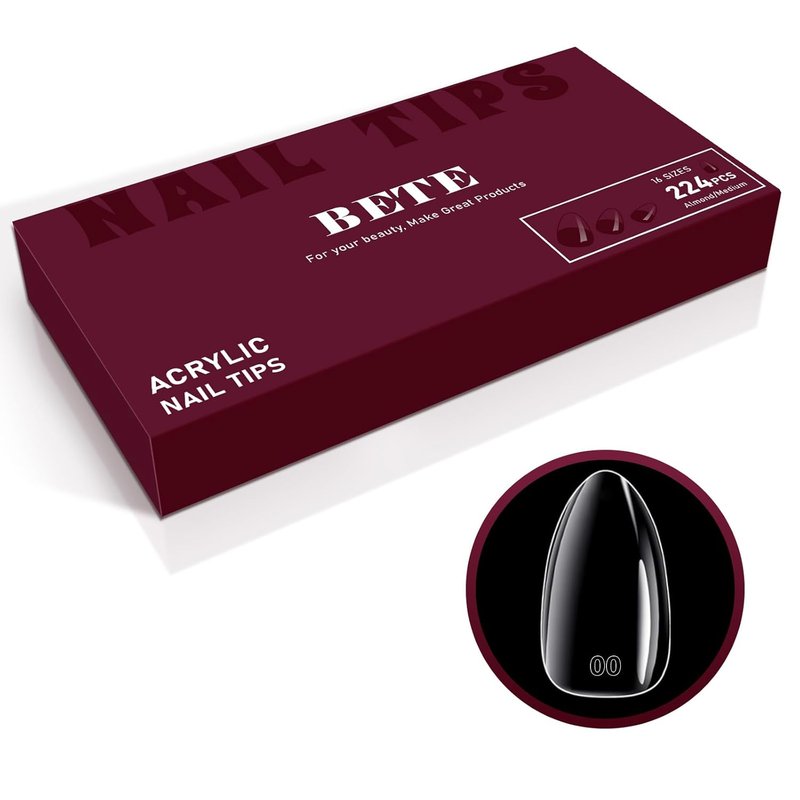 BETE Medium Almond Clear Acrylic Nail Tips - 224 Pcs in 16 Sizes | Pre-Shaped Strong Press-On Nails for DIY Manicure
